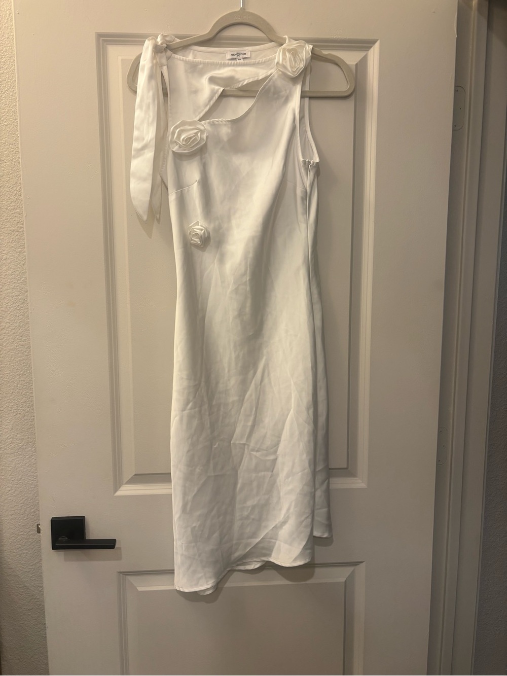 White Satin Midi Dress with Rosette Shoulder Detail